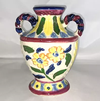 Vtg MORIYAMA 6  Ceramic Multicolor Floral VASE Double Handles Made In Japan Urn • $19.99