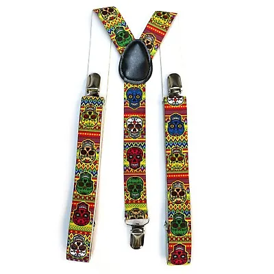 Multicolour Sugar Skull Mexican Fancy Dress Costume Trouser Braces Suspenders • £4.99