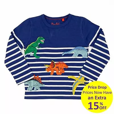 Mini Boden T Shirt Boys Blue Stripe Bright Cotton Long Sleeve Dinosaur 2–12 YR • £12.75