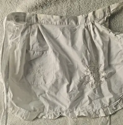 VTG Half Apron White Cotton Tie Waist Ruffled Edge Hostess Maid Costume • $10