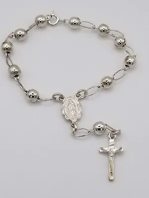 Taxco Silver .925 Bead Bracelet Religious Cross Mystery 5 Mm Virgen De Guadalupe • $42