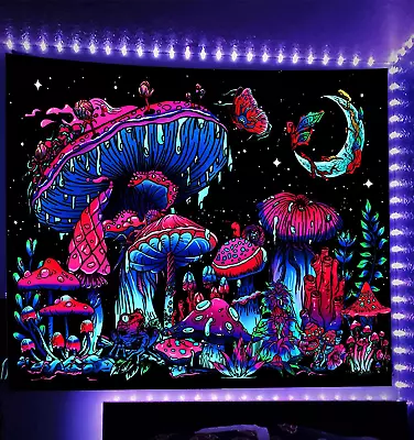 Blacklight Mushroom Tapestry Glow In The Dark Tapestry Black Light Plant Tapest • $18.61