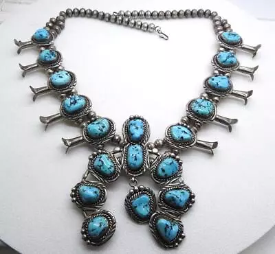 Vintage Navajo Squash Blossom Necklace Turquoise Sterling Silver WOW • $1249