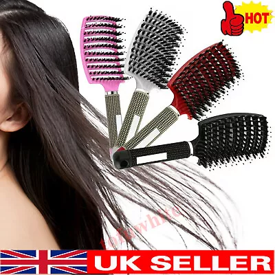 Womens Magical Brush Detangle Detangling Natural Boar Bristle Hair Brush Curved • £5.99