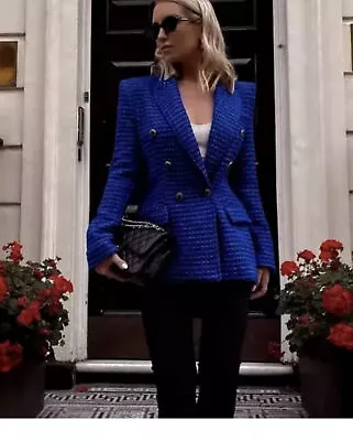 $79 • Buy ZARA New Combination Faux Leather Textured Blazer BLUE 2128/242 SIZE Small