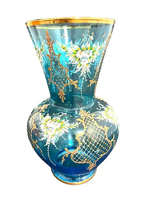 Vintage Handmade Venetian Glass Large Blue Vase With Floral & Gold Detail 26cm • $249.50