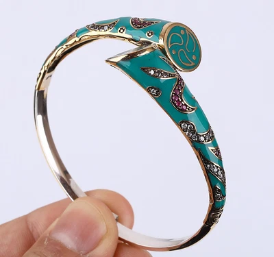 $49.25 • Buy Enamel Turkish Simulated Ruby .925 Silver & Bronze Bangle Bracelet #43579