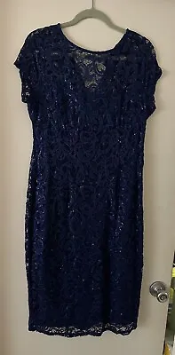 Marina Dark Blue Sequin Lace Dress Scoop Neck Size 16 • $24.99