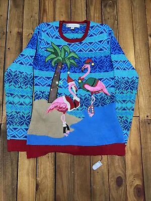 Christmas Ugly Sweater Medium Jolly Sweaters Flamingo Tropical Blue Light Up • $15