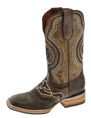 Mens Western Cowboy Boots Light Brown Overlay Two Tone Square Botas Size 8 10 • $103.99