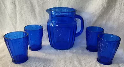 Vintage Anchor Hocking Cobalt Blue Mayfair Open Rose Pitcher & 4 Juice Glasses • $35