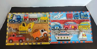 Melissa And Doug Wooden Puzzles Lot Of 2 Vehicles Construction Train Boat • $15.99