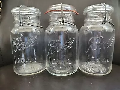 Lot 3 Vintage Clear Glass Ball Ideal Mason Jars W Wire Side Bail Canning 1 Quart • $14.95