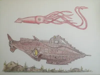 NAUTILUS Giant Squid 20000 Leagues Under The Sea Pencil Drawing PRINT  • £12.95