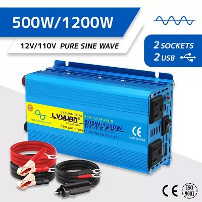 500W 1200W Pure Sine Wave Power Inverter 12V To 110V Caravan Van 2USB Converter  • $42.49