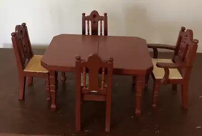 Vtg SET Dollhouse Miniature Wood DINING Table  & 4 Chairs 1:12 Queen Anne • $14.99