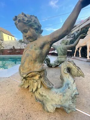 Antique Bronze Two Putti Di Mare Mermen Table Base With Glass Tabletop • $10500