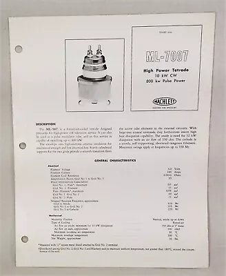 1964 Machlett(Raytheon) ML-7007 High Power Tetrode  Tube Bulletin Trifold  • $7