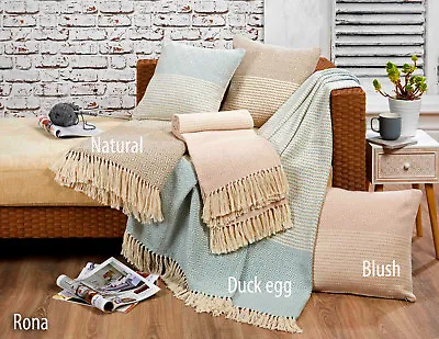 £10.99 • Buy 100% Cotton Geometric Striped Woven Sofa / Bed Throw  Or Cushions