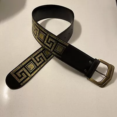 Versus Versace Leather Black Belt With Gold Greca Print • $180