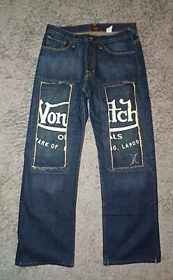 Vintage Y2K Von Dutch Denim Jeans BIG Logo Wide Leg Dark Blue Men's 34×32 EUC • $99