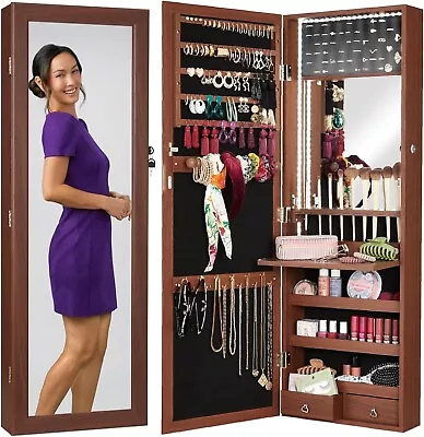 Jewelry Cabinet Mirror Mounted Armoire Wall LED Lockable Door Organizer NEW • $129.90