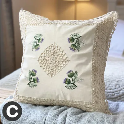 TWO PACK Luxury Cream Ivory Crochet Lace 17  Cushion Cover Cotton Floral Thistle • £8.95