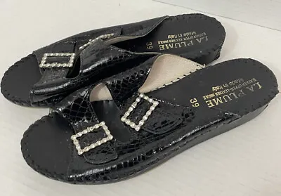 LA PLUME Womens 39 Sandals Shoes Jen BLACK Croc Rhinestone Buckle Leather 8.5/9 • $18.56