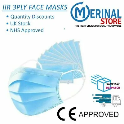 IIR Disposable Face Mask Surgical Mouth Cover 3PLY Breathable Respiration X 10 • £5.25