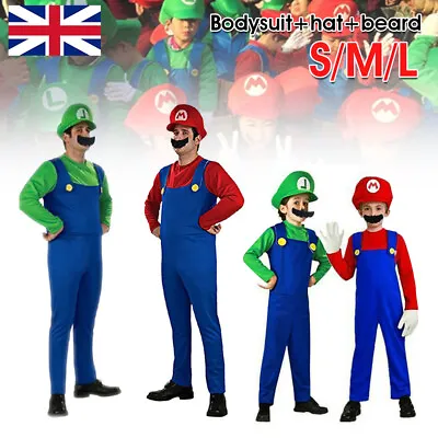 Mens Adult Super Mario And Luigi Cosplay Costume Fancy Dress Plumber Bros Outfit • £10.82