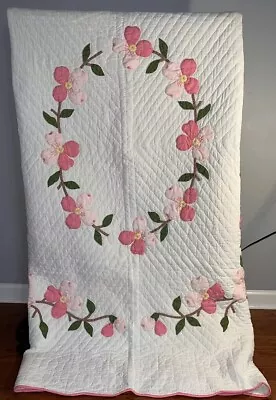 Hand Quilted Appliqué Pink Dogwood Blossom 86 X 72” Full Size Cotton Vintage • $89.99