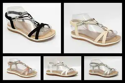 Women's Comfy Ladies Elastic Strappy Sandals Diamante Summer Shoes Size Open Toe • £9.99