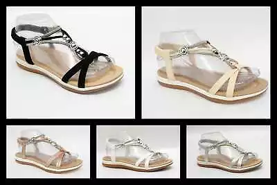 Women's Comfy Ladies Elastic Strappy Sandals Diamante Summer Shoes Size Open Toe • £13.99