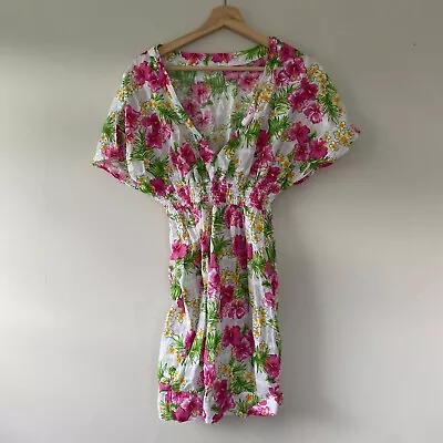 M&S Pink Mix Floral V Neck Elastic Waist Short Dress (UK Size 14) • £7.99