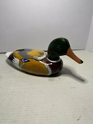 Vintage Wooden Mallard Drake Duck Hand Painted And Carved With Glass • $99.99