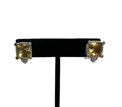 Judith Ripka Sterling Cushion Cut Citrine Diamonique Heart Omega Earrings • $89.99