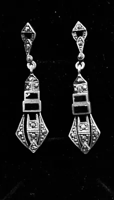 Vintage Art Deco Design 925 Sterling Silver Onyx Marcasite Earrings • $25