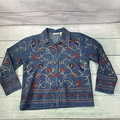 Units Vintage India Embroidered Floral Blue Denim Blazer Jacket Square Buttons M • $18.69