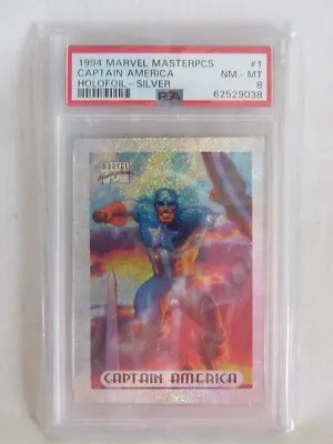 Marvel Masterpieces 1994 Trading Card - PSA 8 - Captain America Holofoil #1 • $44.99