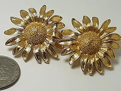 Vintage Large Bright Gold Tone Round 1980s Sunflower Statement Earrings • $22