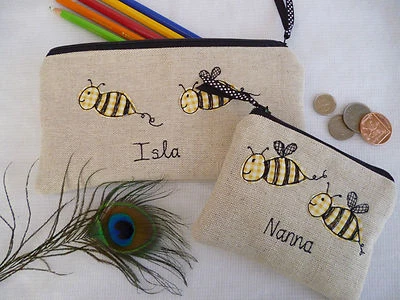 £15.49 • Buy Personalised Bees Coin Purse/Wallet Or Pencil Case Linen Choice Of Wording Dotty