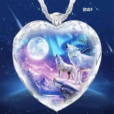 £3.43 • Buy 925 Silver Animal Wolf Heart Necklace Natural Crystal Pendant Women Jewelry Gift