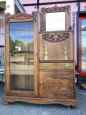 Antique Oak Arts And Crafts Secretary Desk Curio Ornate Brass Key ￼￼￼Cupboard • $395