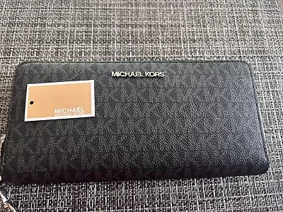 Michael Kors Jet Set Large Travel Continental Wallet Black Mk Signature Silver • $79.99