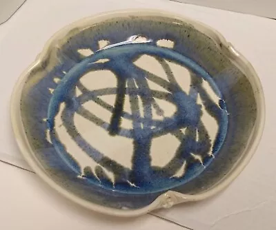 Vintage Studio Pottery Artist Signed Glazed Stoneware Blue Green Serving Dish 9  • $38