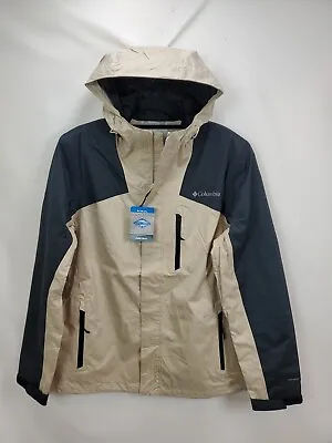 Columbia Omni Tech Mens Waterproof Jacket Rain Coat Size Medium Beige Black Hood • $55.99