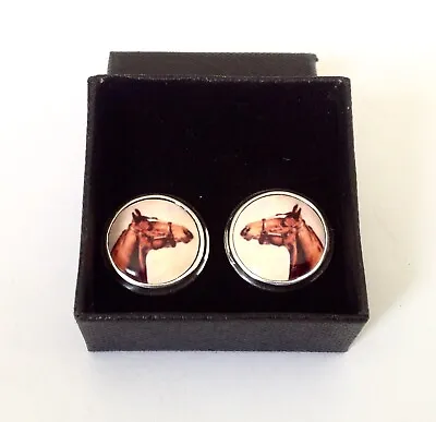 Chesnut Brown Racing Horse Equestrian Round STERLING SILVER  Cufflinks  • £45