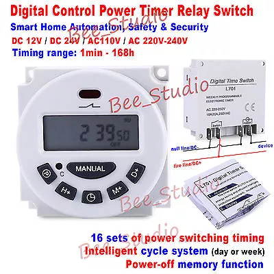 12V 24V AC110V 220V 230V Digital LCD Programmable Cycle Clock Timer Relay Switch • £7.51