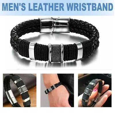 £1.95 • Buy Men's Stainless Steel Leather Bracelet Magnetic Silver Clasp Bangle Black