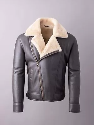 Men's Aviator Brown B3 Biker Style Real Shearling Sheepskin Leather Fur Jacket • $192.50